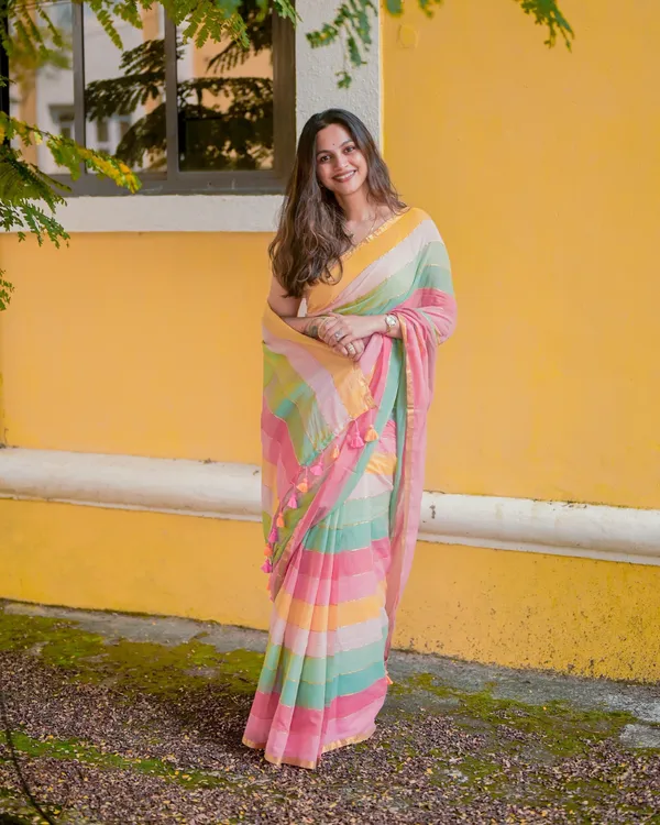 Sunlit_Bloom_-_Yellow,_Green_&_Pink_Stripe_Linen_Saree_with_Blouse_Piece