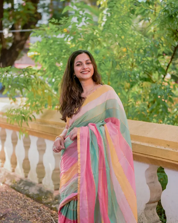 Sunlit_Bloom_-_Yellow,_Green_&_Pink_Stripe_Linen_Saree_with_Blouse_Piece