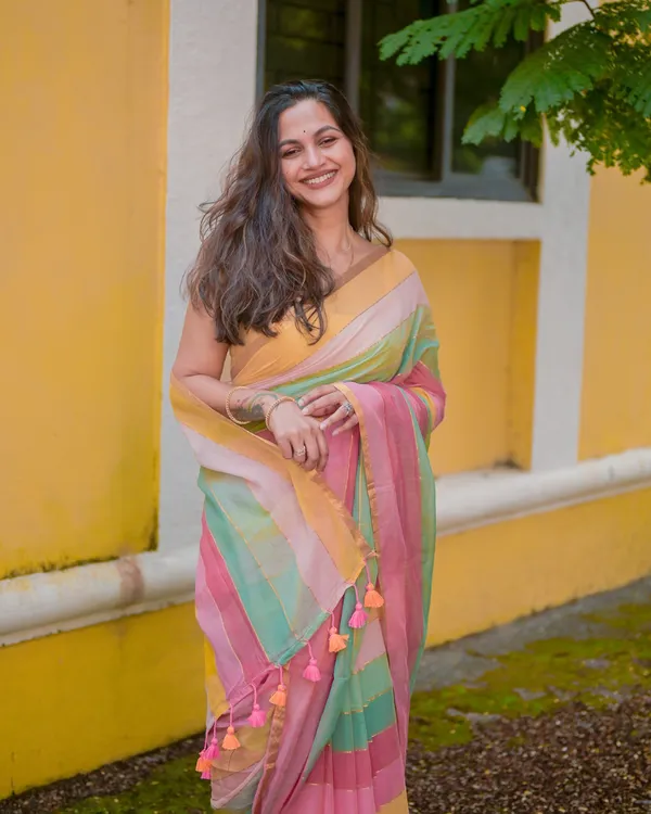 Sunlit_Bloom_-_Yellow,_Green_&_Pink_Stripe_Linen_Saree_with_Blouse_Piece