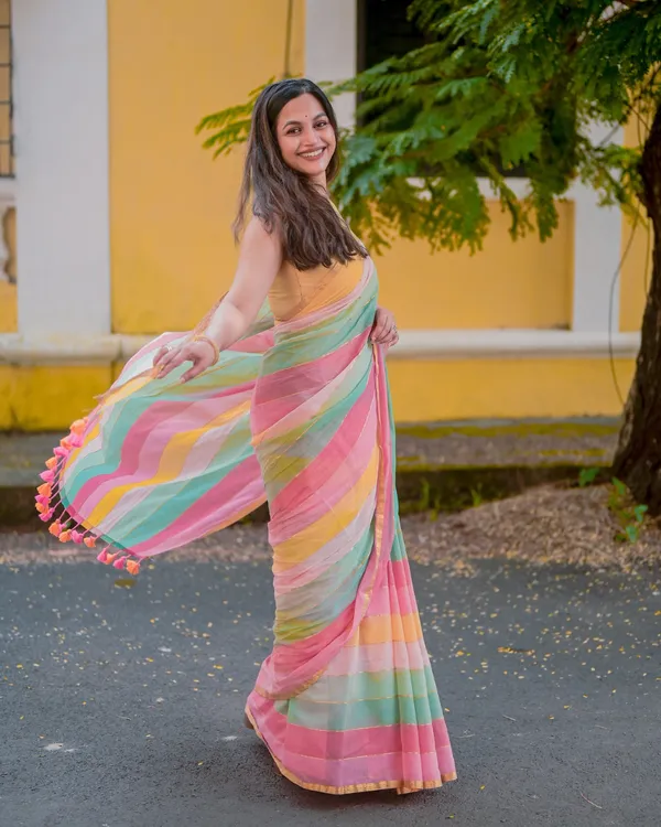 Sunlit_Bloom_-_Yellow,_Green_&_Pink_Stripe_Linen_Saree_with_Blouse_Piece