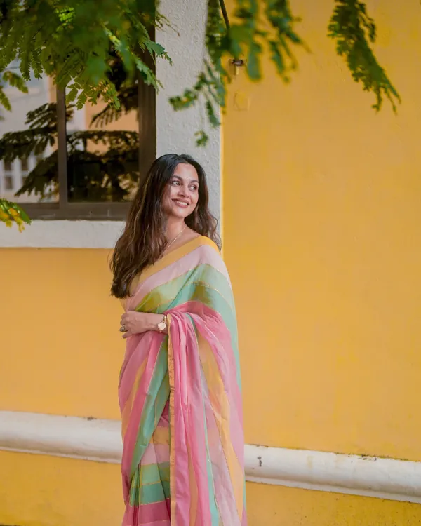 Sunlit_Bloom_-_Yellow,_Green_&_Pink_Stripe_Linen_Saree_with_Blouse_Piece