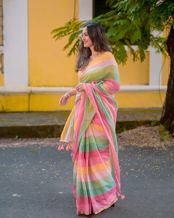 Sunlit_Bloom_-_Yellow,_Green_&_Pink_Stripe_Linen_Saree_with_Blouse_Piece