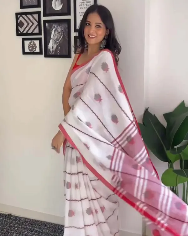 Chandni_Laal_-_White_1-Minute_Ready_to_Wear_Saree_with_Red_Border_and_Red_Blouse