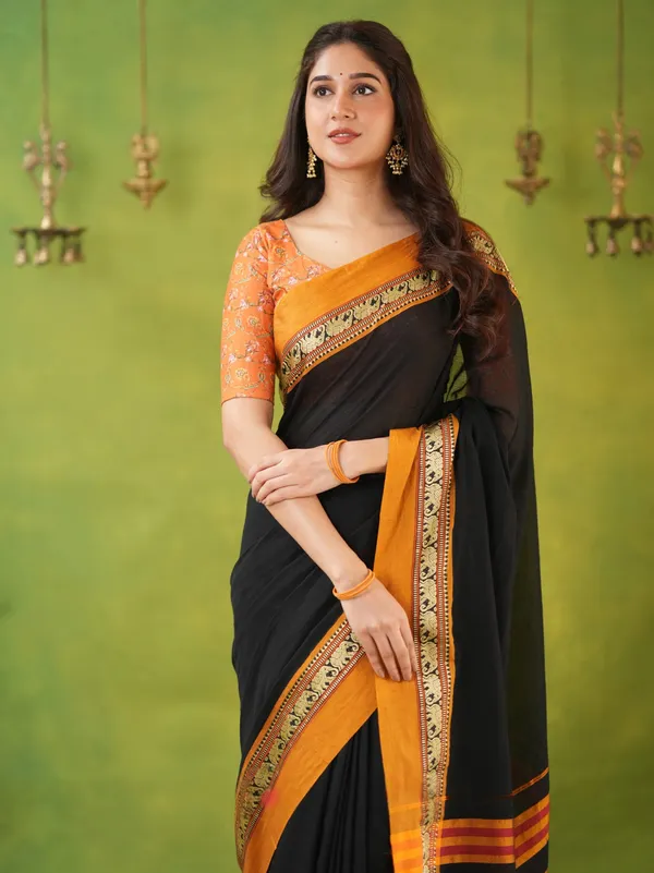 Black_Mulmul_Cotton_Saree_with_Mustard_Border_&_Elephant_Weave,_with_Blouse_Piece