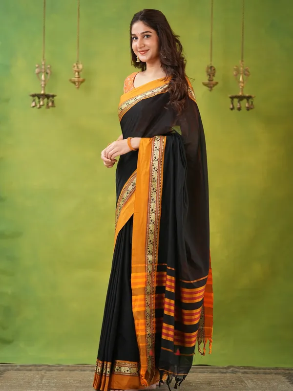 Black_Mulmul_Cotton_Saree_with_Mustard_Border_&_Elephant_Weave,_with_Blouse_Piece