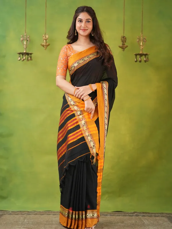 Black_Mulmul_Cotton_Saree_with_Mustard_Border_&_Elephant_Weave,_with_Blouse_Piece