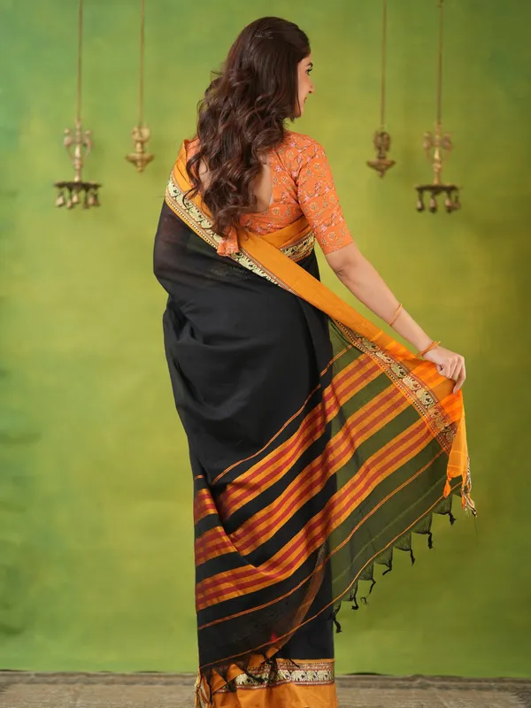 Black_Mulmul_Cotton_Saree_with_Mustard_Border_&_Elephant_Weave,_with_Blouse_Piece