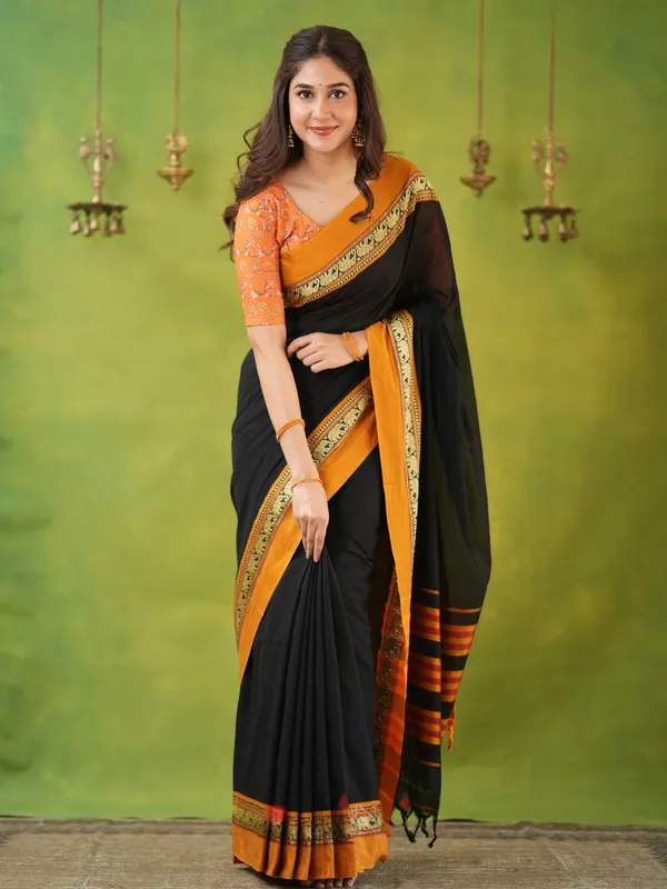 Black_Mulmul_Cotton_Saree_with_Mustard_Border_&_Elephant_Weave,_with_Blouse_Piece
