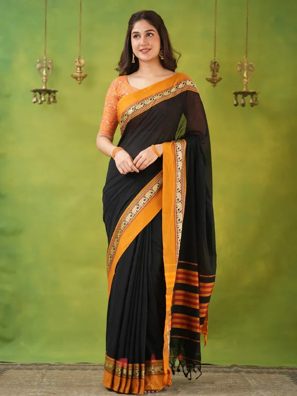 Black_Mulmul_Cotton_Saree_with_Mustard_Border_&_Elephant_Weave,_with_Blouse_Piece