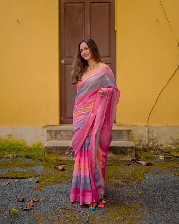 Gulab_Surya_-_Pink_&_Saffron_Striped_Linen_Saree_with_Blouse_Piece
