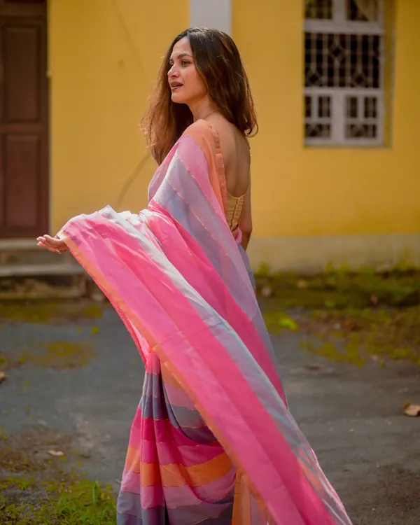Gulab_Surya_-_Pink_&_Saffron_Striped_Linen_Saree_with_Blouse_Piece