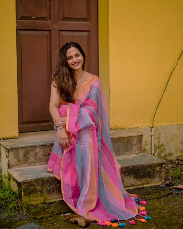 Gulab_Surya_-_Pink_&_Saffron_Striped_Linen_Saree_with_Blouse_Piece