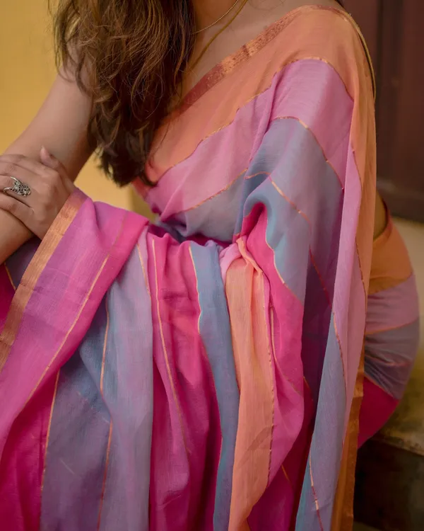 Gulab_Surya_-_Pink_&_Saffron_Striped_Linen_Saree_with_Blouse_Piece