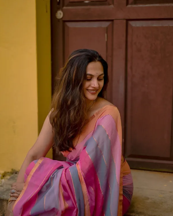 Gulab_Surya_-_Pink_&_Saffron_Striped_Linen_Saree_with_Blouse_Piece