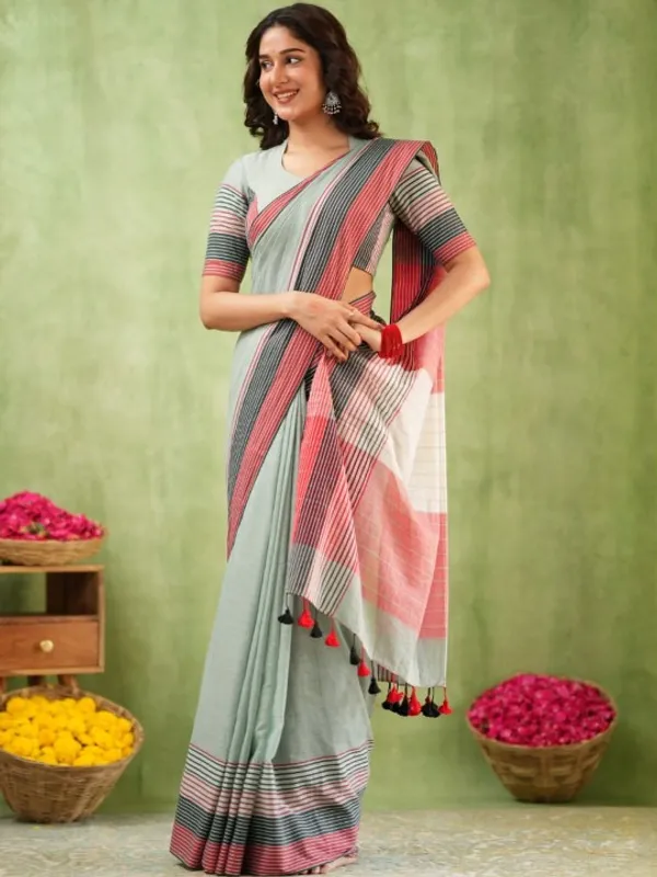 Grey_Mulmul_Cotton_Saree_with_Pink_&_Black_Striped_Pallu_&_Matching_Grey_Blouse_Piece