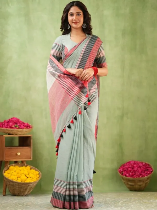 Grey_Mulmul_Cotton_Saree_with_Pink_&_Black_Striped_Pallu_&_Matching_Grey_Blouse_Piece