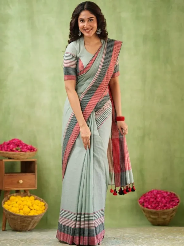 Grey_Mulmul_Cotton_Saree_with_Pink_&_Black_Striped_Pallu_&_Matching_Grey_Blouse_Piece