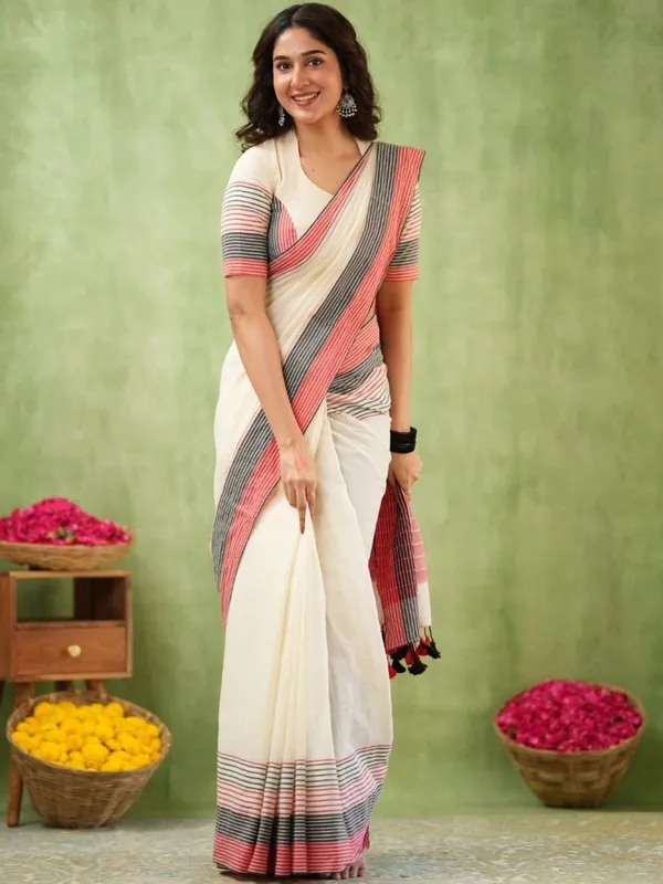 Ivory_Mulmul_Cotton_Saree_with_Pink_&_Black_Striped_Pallu_&_Matching_Ivory_Blouse_Piece