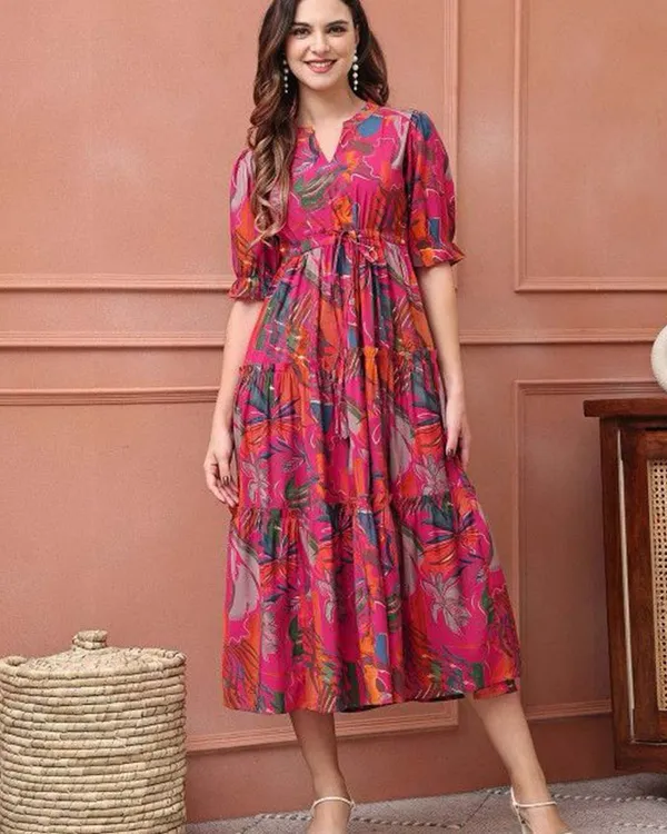 Pink_Pure_Cotton_One_Piece_Dress_Fully_Stitched_-_Floral_Print_Design_Ready_To_Wear_For_Women