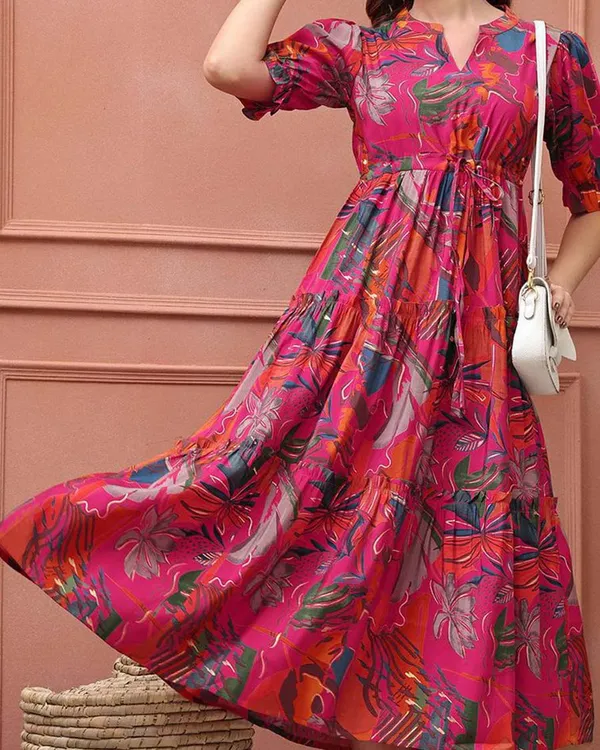 Pink_Pure_Cotton_One_Piece_Dress_Fully_Stitched_-_Floral_Print_Design_Ready_To_Wear_For_Women