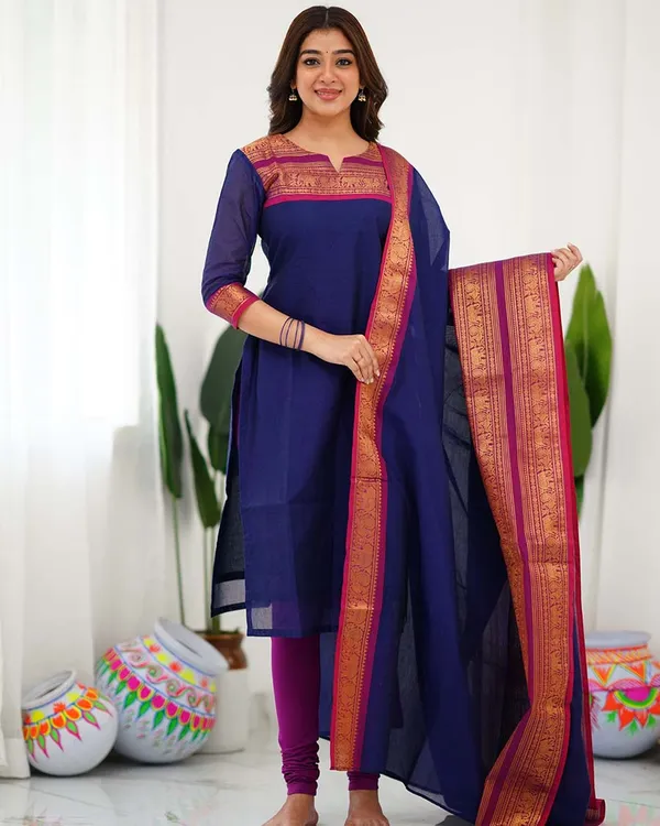 Navy_Blue_Cotton_Salwar_With_Dupatta_For_Women