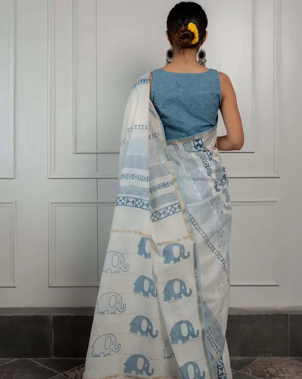 Safed_Saaya_-_White_Linen_Saree_with_Blue_Color_Blouse