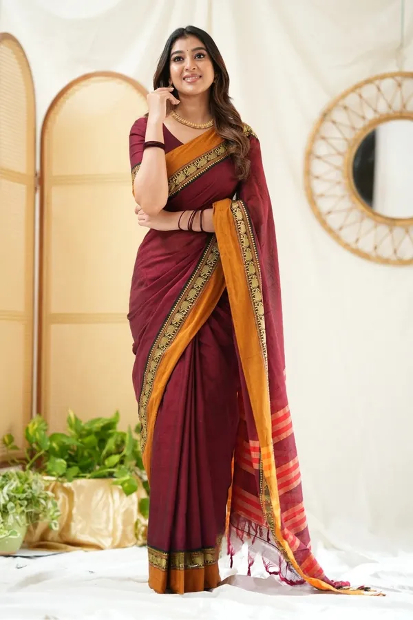 Maroon_Mulmul_Cotton_Saree_with_Mustard_Border_&_Woven_Detailing,_with_Blouse_Piece