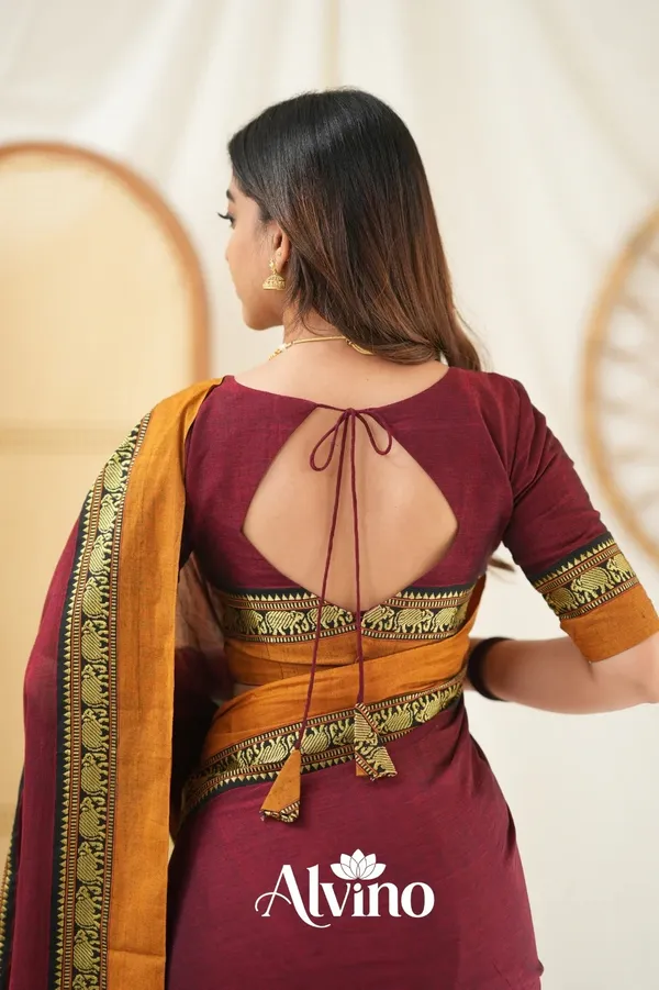 Maroon_Mulmul_Cotton_Saree_with_Mustard_Border_&_Woven_Detailing,_with_Blouse_Piece