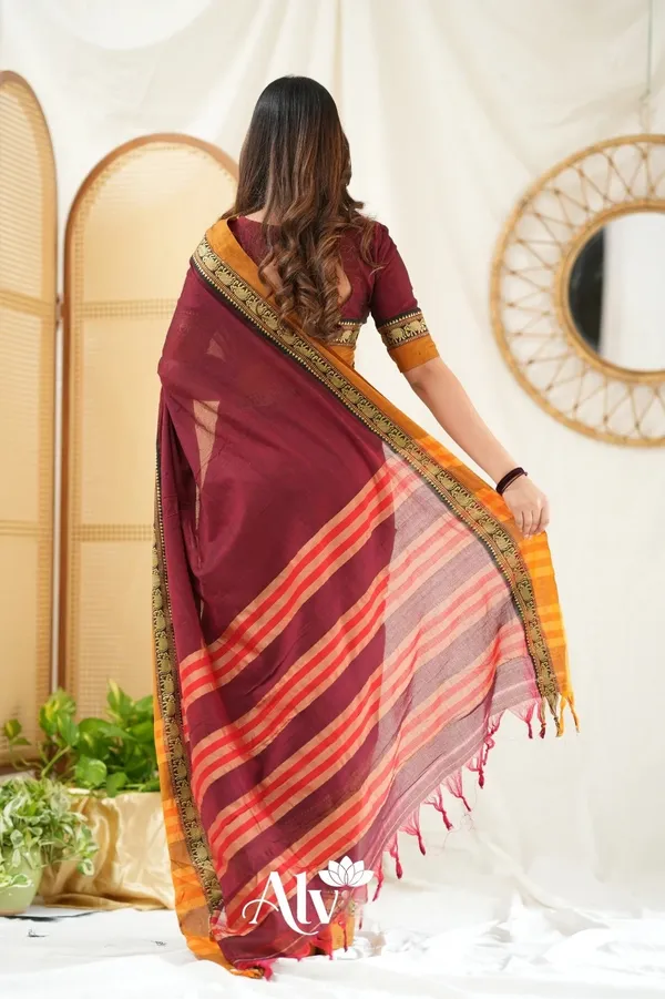 Maroon_Mulmul_Cotton_Saree_with_Mustard_Border_&_Woven_Detailing,_with_Blouse_Piece