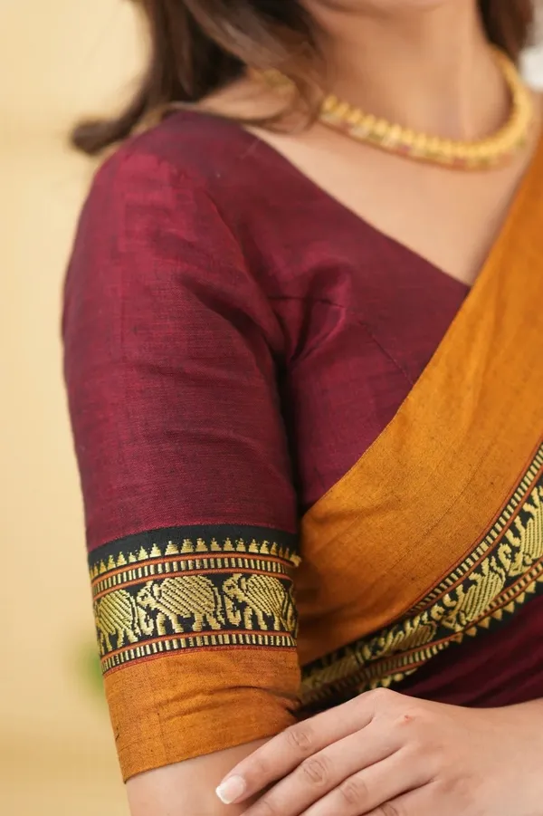 Maroon_Mulmul_Cotton_Saree_with_Mustard_Border_&_Woven_Detailing,_with_Blouse_Piece