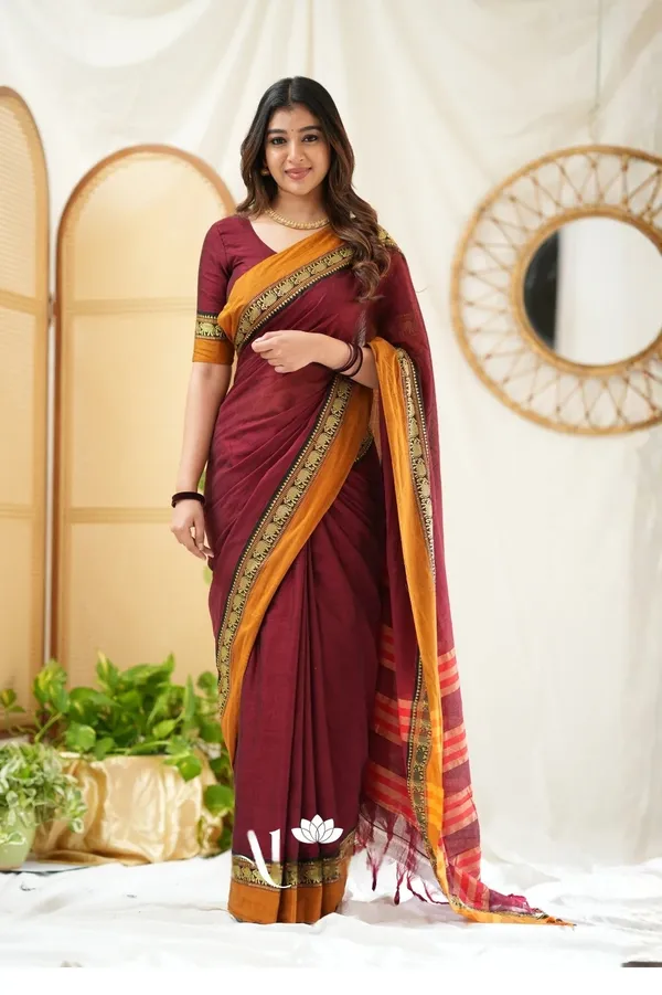 Maroon_Mulmul_Cotton_Saree_with_Mustard_Border_&_Woven_Detailing,_with_Blouse_Piece