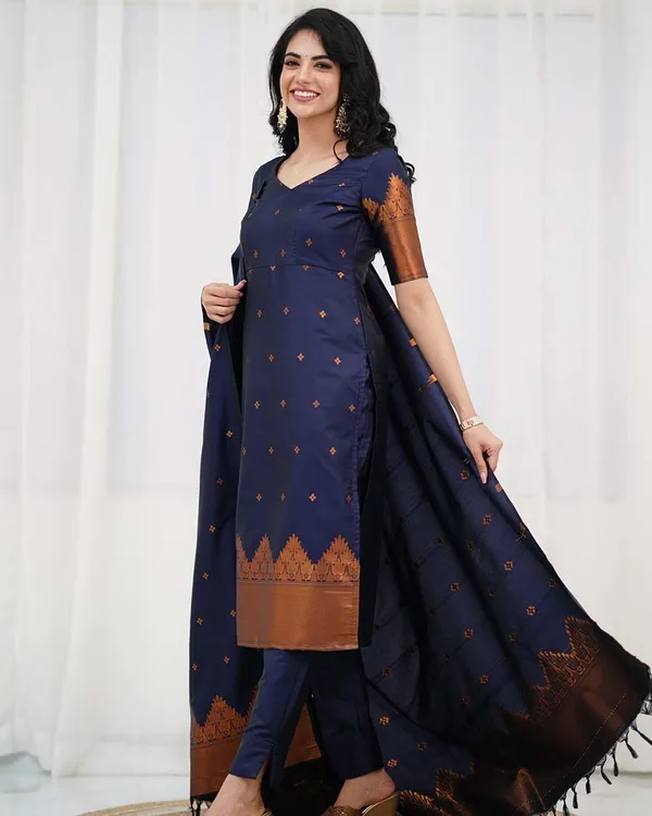 Navy_Blue_Silk_Salwar_With_Duppata__Bottom_For_Women