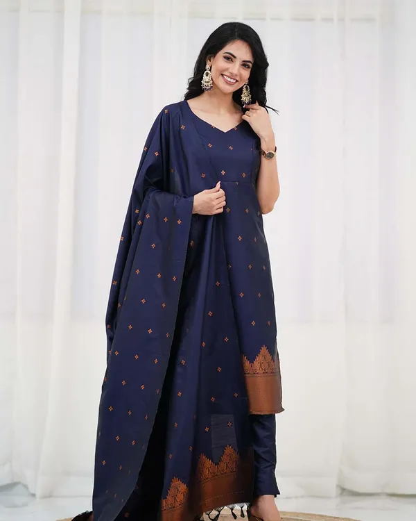Navy_Blue_Silk_Salwar_With_Duppata__Bottom_For_Women