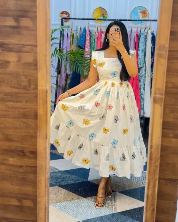 White_Pure_Cotton_One_Piece_Dress_Fully_Stitched_-_Butterfly_Design_Ready_To_Wear_For_Women_For_Women