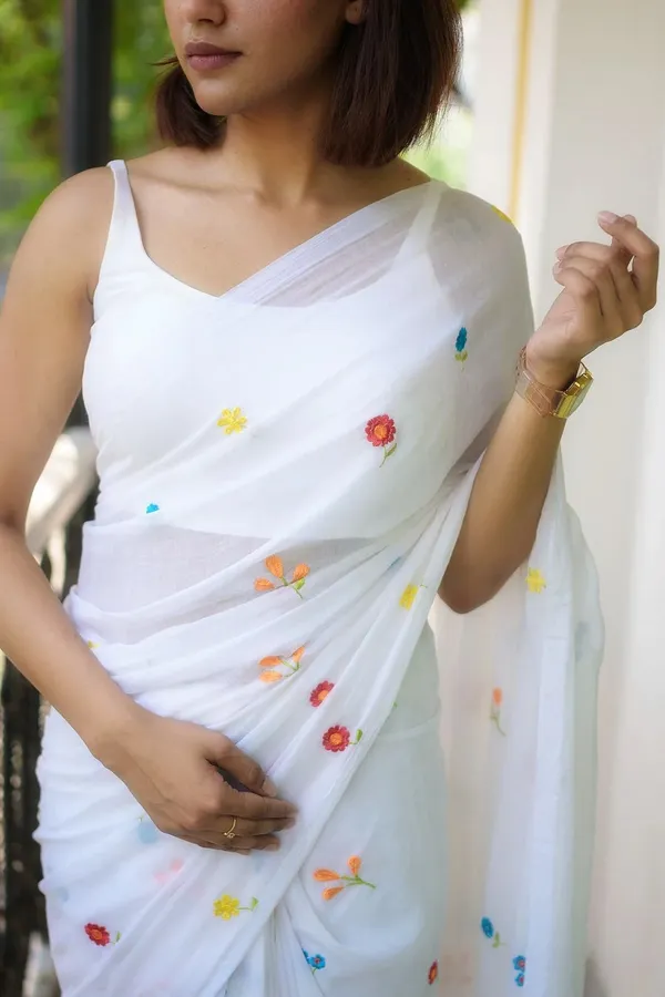 White_Soft_Mulmul_Cotton_Saree_with_Colorful_Floral_Embroidery,_with_Blouse_Piece