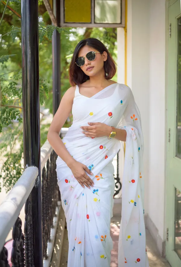 White_Soft_Mulmul_Cotton_Saree_with_Colorful_Floral_Embroidery,_with_Blouse_Piece