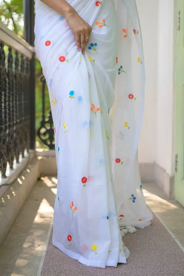 White_Soft_Mulmul_Cotton_Saree_with_Colorful_Floral_Embroidery,_with_Blouse_Piece