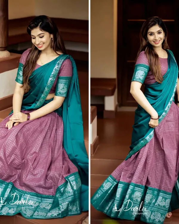Light_Pink_And_Light_Green_Kanchipuram_Zari_Weaving_Half_Saree_With_Blouse___Silk_Dupatta