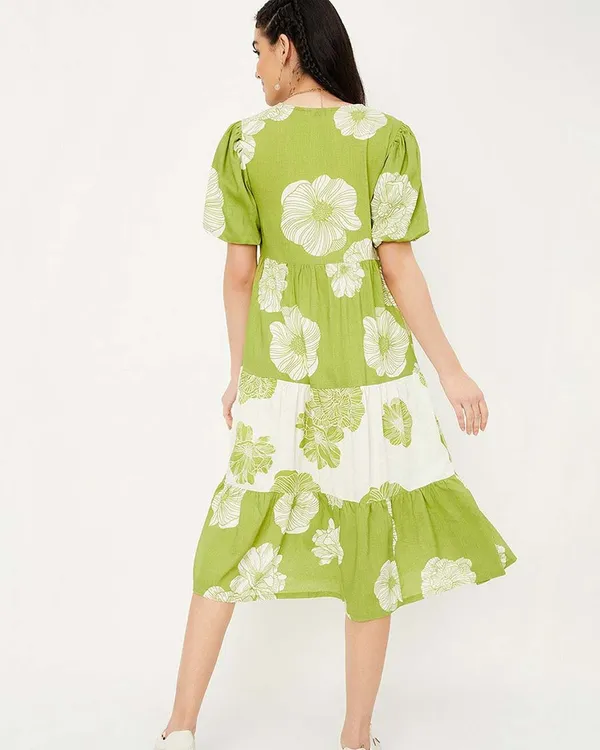 Green_And_White_Pure_Cotton_One_Piece_Dress_Fully_Stitched_-_Floral_Print_Design_Ready_To_Wear_For_Women