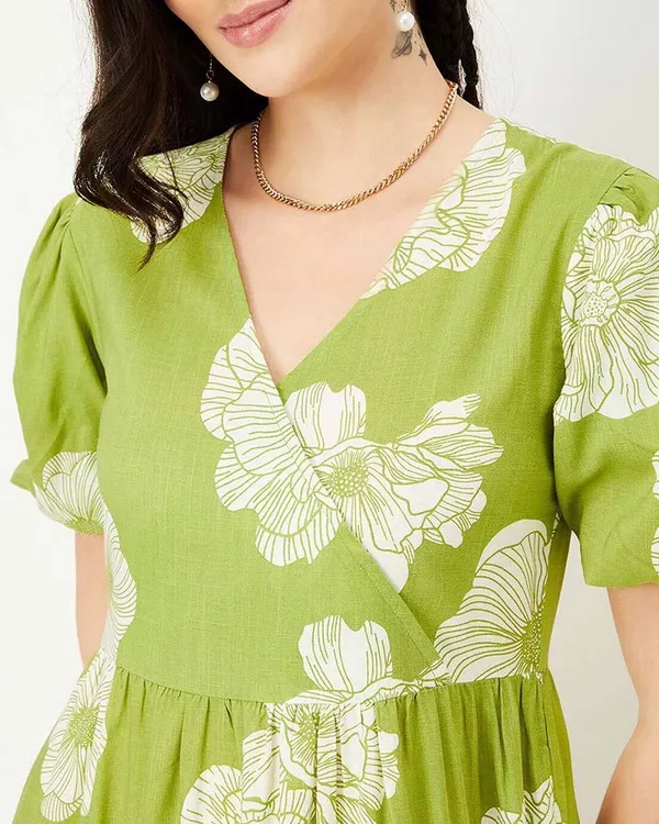 Green_And_White_Pure_Cotton_One_Piece_Dress_Fully_Stitched_-_Floral_Print_Design_Ready_To_Wear_For_Women