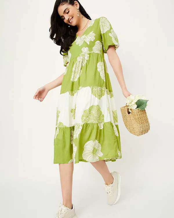 Green_And_White_Pure_Cotton_One_Piece_Dress_Fully_Stitched_-_Floral_Print_Design_Ready_To_Wear_For_Women