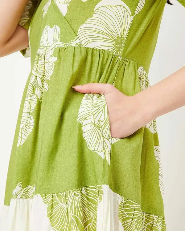 Green_And_White_Pure_Cotton_One_Piece_Dress_Fully_Stitched_-_Floral_Print_Design_Ready_To_Wear_For_Women