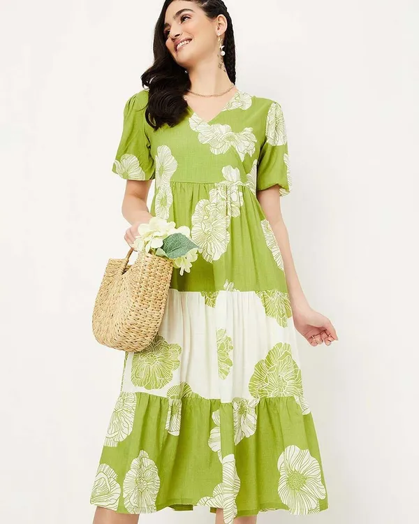Green_And_White_Pure_Cotton_One_Piece_Dress_Fully_Stitched_-_Floral_Print_Design_Ready_To_Wear_For_Women