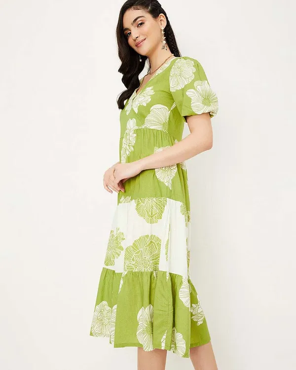 Green_And_White_Pure_Cotton_One_Piece_Dress_Fully_Stitched_-_Floral_Print_Design_Ready_To_Wear_For_Women