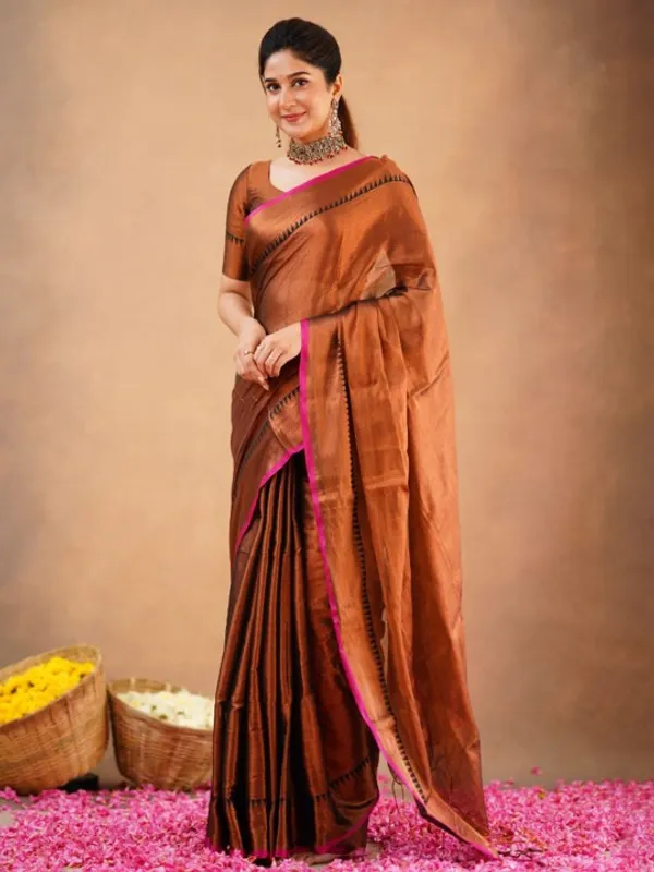 Brown_Tissue_Cotton_Saree_with_Black_Thread_Detailing_with_Matching_Blouse_Piece