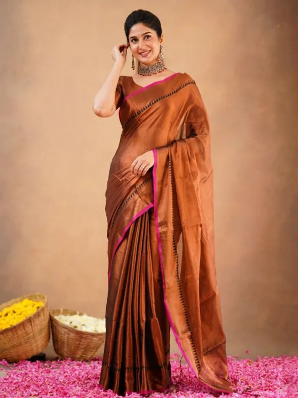 Brown_Tissue_Cotton_Saree_with_Black_Thread_Detailing_with_Matching_Blouse_Piece
