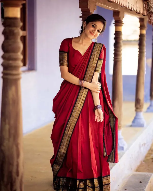 Red_Kanchipuram_Zari_Weaving_Half_Saree_With_Blouse___Silk_Dupatta