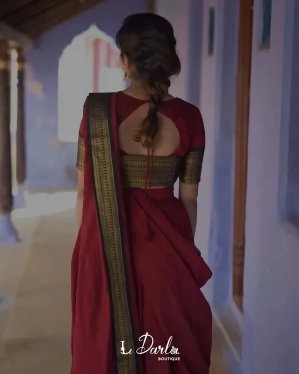 Red_Kanchipuram_Zari_Weaving_Half_Saree_With_Blouse___Silk_Dupatta