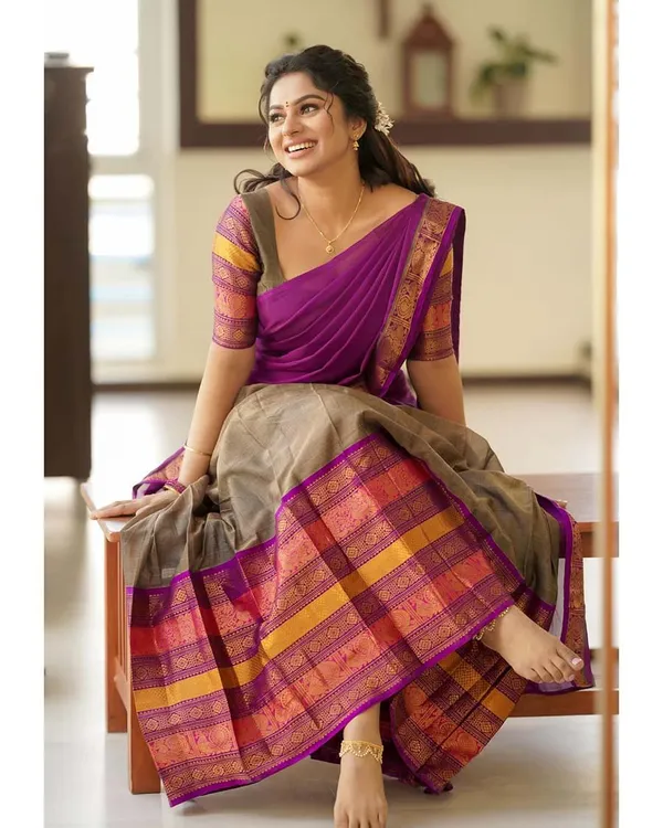 Light_Brown_And_Pink_Kanchipuram_Zari_Weaving_Half_Saree_With_Blouse___Silk_Dupatta