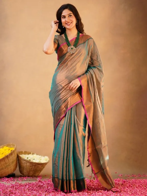 Teal_Grey_Tissue_Cotton_Saree_with_Copper_Border_&_Pink_Piping,_With_Blouse_Piece